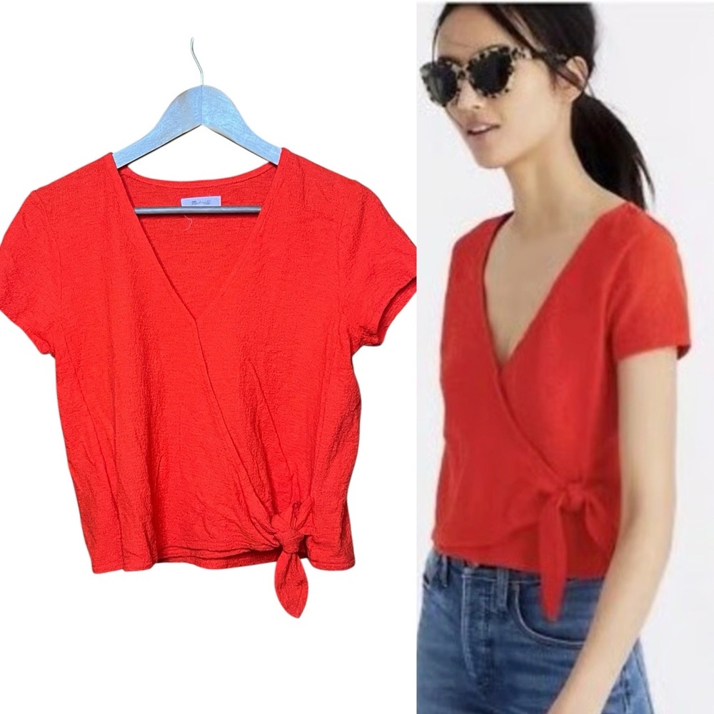 Madewell Top Texture and Thread Wrap Tie Blouse M 100% Cotton Bright Red